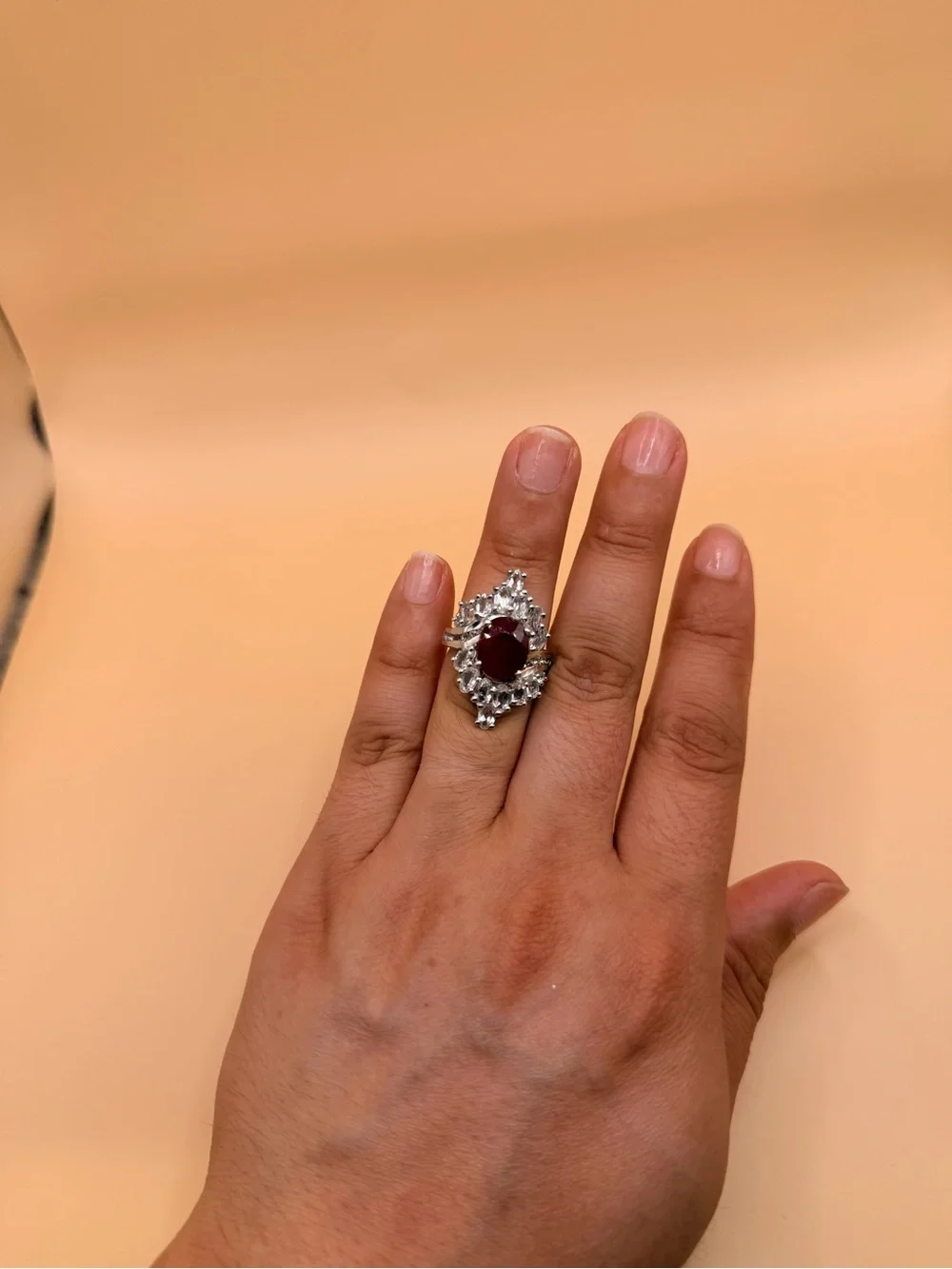 925 Sterling Silver White Topaz & Niassa Ruby Ring Size 6.25.